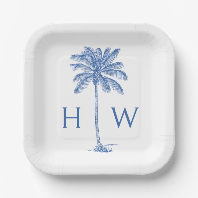 Blue and White Palm Palmetto Tree Monogram Paper Plates (Front)