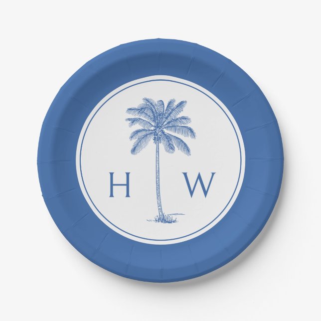 Blue and White Palm Palmetto Tree Monogram Paper Plates (Front)