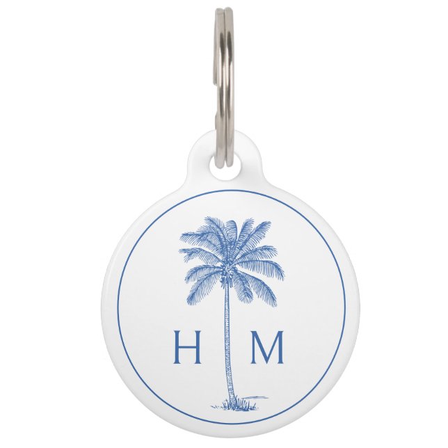 Blue and White Palm Palmetto Tree Monogram Pet ID Tag (Front)