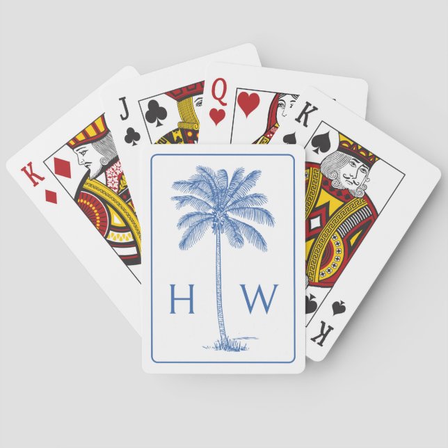 Blue and White Palm Palmetto Tree Monogram Poker Cards (Back)
