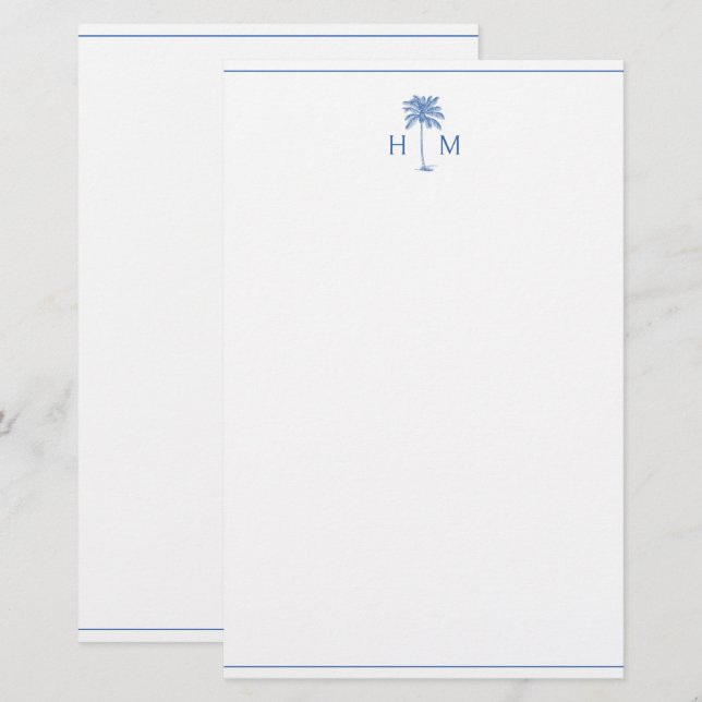 Blue and White Palm Palmetto Tree Monogram Stationery (Front/Back)