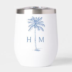 Blue and White Palm Palmetto Tree Monogram Thermal Wine Tumbler