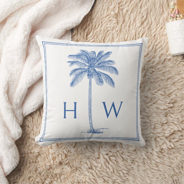 Blue and White Palm Palmetto Tree Monogram Throw Pillow (Blanket)