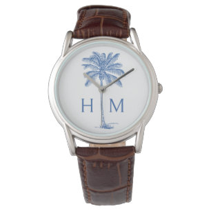 Blue and White Palm Palmetto Tree Monogram Watch