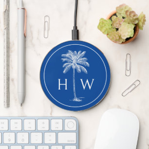 Blue and White Palm Palmetto Tree Monogram Wireless Charger