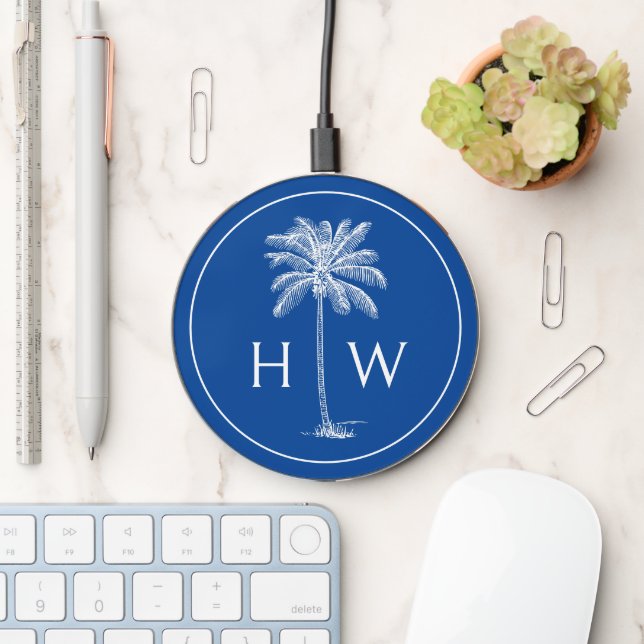 Blue and White Palm Palmetto Tree Monogram Wireless Charger (Desk)