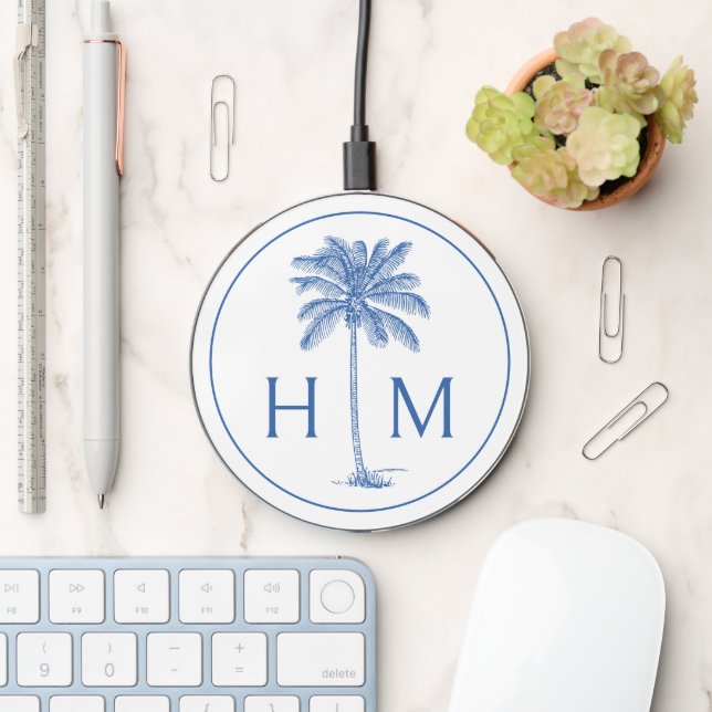 Blue and White Palm Palmetto Tree Monogram Wireless Charger (Desk)