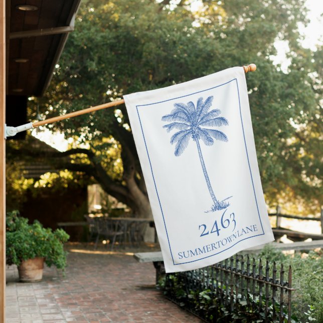 Blue and White Palmetto Palm Tree Personalized House Flag (In SItu)