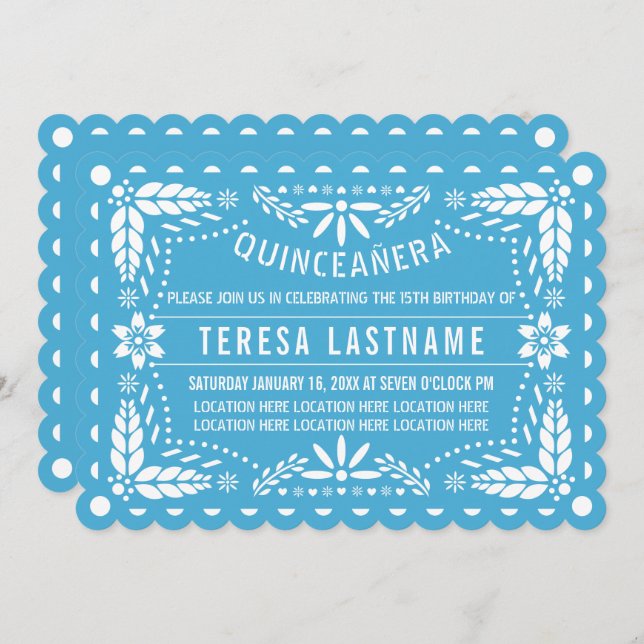 Blue and white papel picado Quinceañera Invitation (Front/Back)