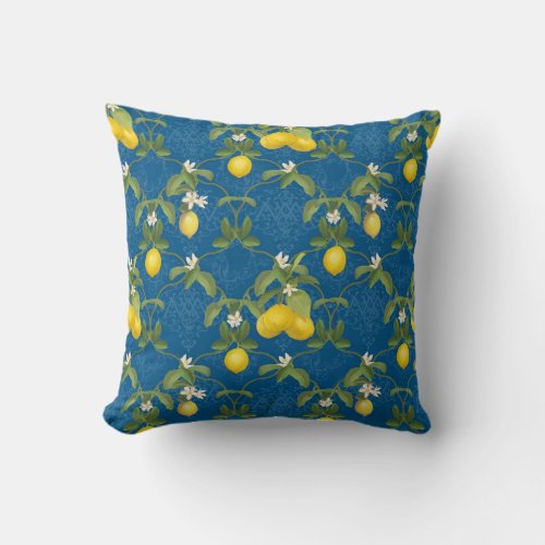 Blue and White Pattern Lemons Leaf Trellis Floral Throw Pillow