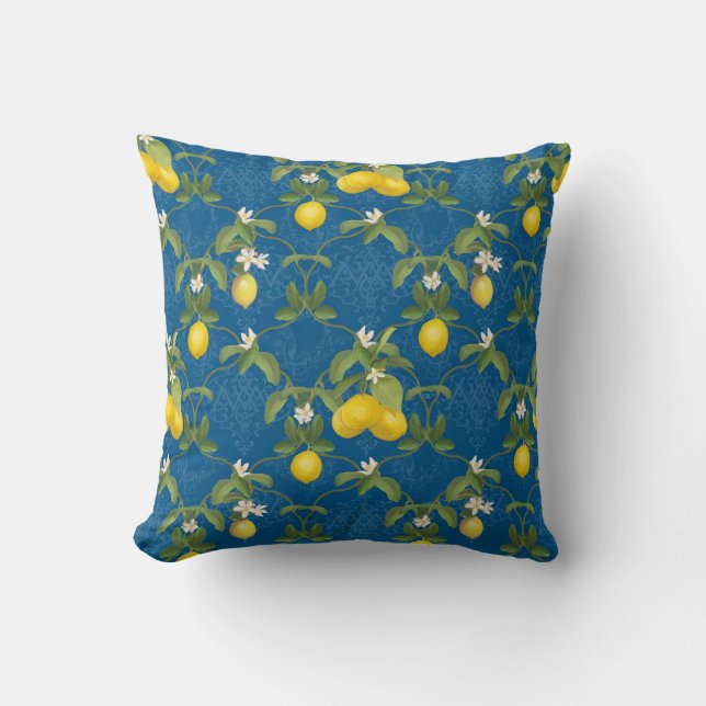 Blue and White Pattern Lemons Leaf Trellis Floral Throw Pillow (Front)
