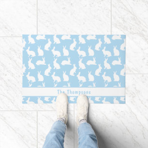 Blue And White Pattern Of Bunnies With A Name Doormat