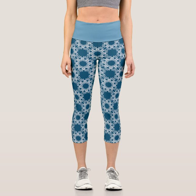 Blue and White Patterned Yoga Capris by Joya Eve (Front)