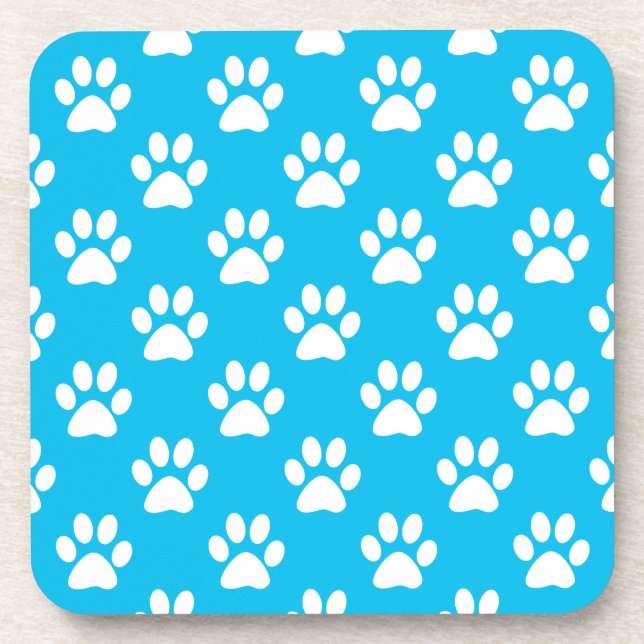 Blue and white paws pattern drink coaster (Front)