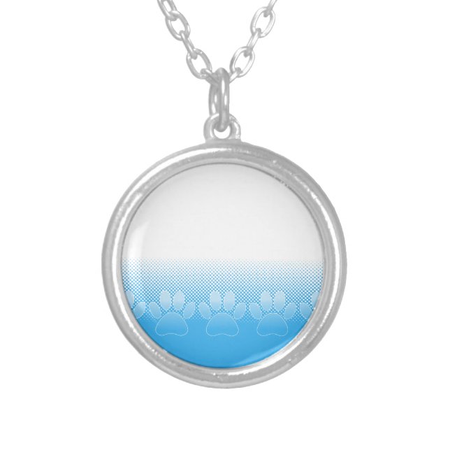 Blue And White Paws With Newsprint Background Silver Plated Necklace (Front)