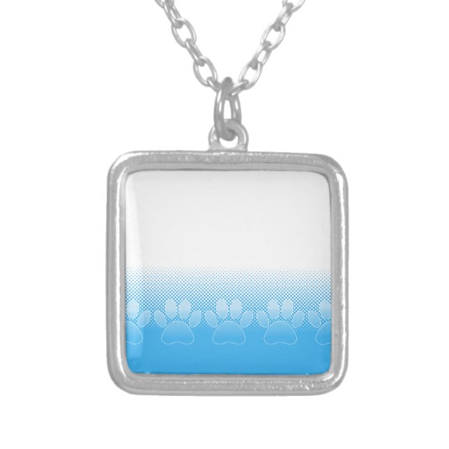 Blue And White Paws With Newsprint Background Silver Plated Necklace (Front)