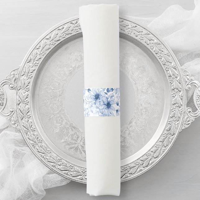 Blue and White Peonies and Blossoms Watercolor Napkin Bands (Creator Uploaded)