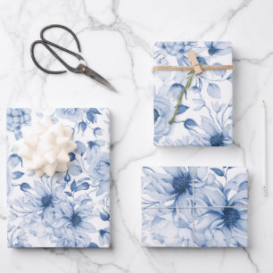 Blue and White Peonies and Blossoms Watercolor Wrapping Paper Sheets