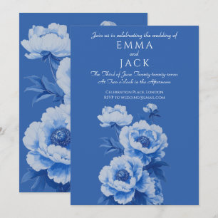 Blue and white peonies pretty wedding invitation