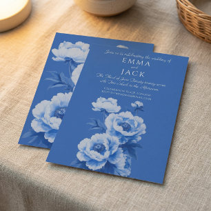Blue and white peonies pretty wedding invitation