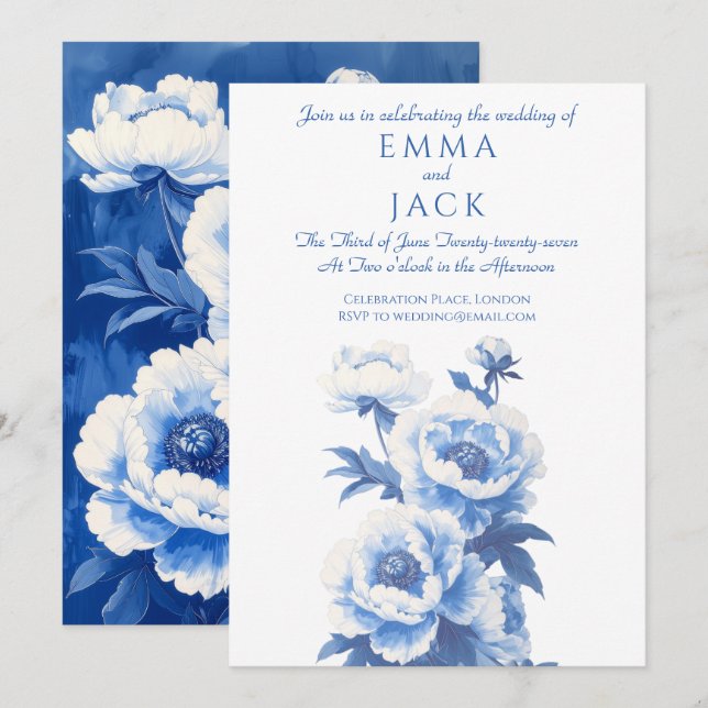 Blue and white peonies wedding invitation (Front/Back)