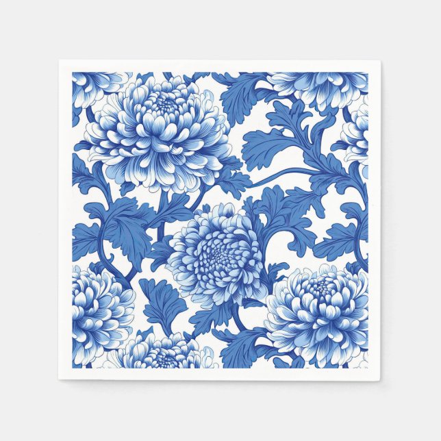 Blue and White Peony Chinoiserie Floral Napkins (Front)