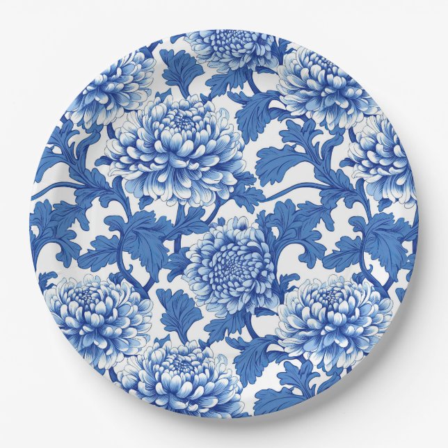 Blue and White Peony Chinoiserie Floral Paper Plates (Front)
