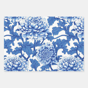 Blue and White Peony Chinoiserie Floral Wrapping Paper Sheets