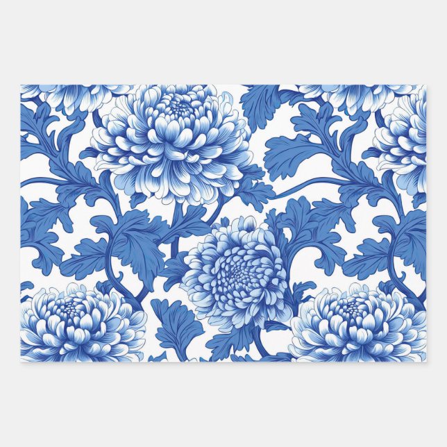 Blue and White Peony Chinoiserie Floral Wrapping Paper Sheets (Front)