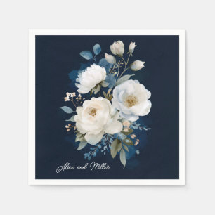 Blue and White Peony Floral Wedding Thank You Napkins