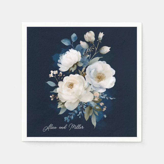 Blue and White Peony Floral Wedding Thank You Napkins (Front)