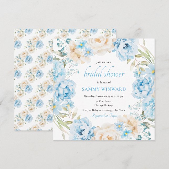 Blue and White Peony Flowers Bridal Shower Invitation (Front/Back)