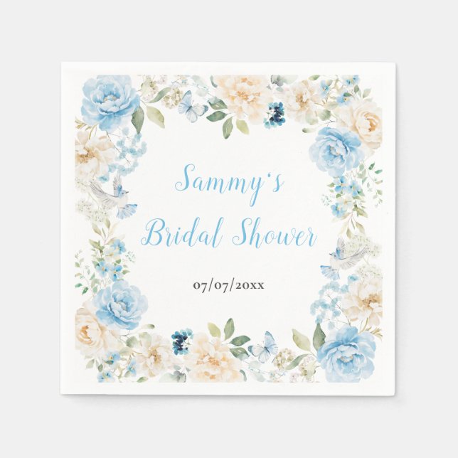 Blue and White Peony Flowers Bridal Shower Napkins (Front)