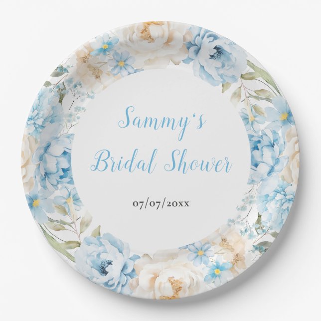 Blue and White Peony Flowers Bridal Shower Paper Plates (Front)