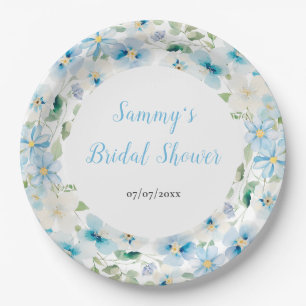 Blue and White Peony Flowers Bridal Shower Paper Plates