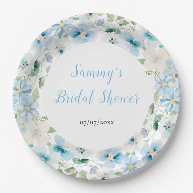 Blue and White Peony Flowers Bridal Shower Paper Plates (Front)