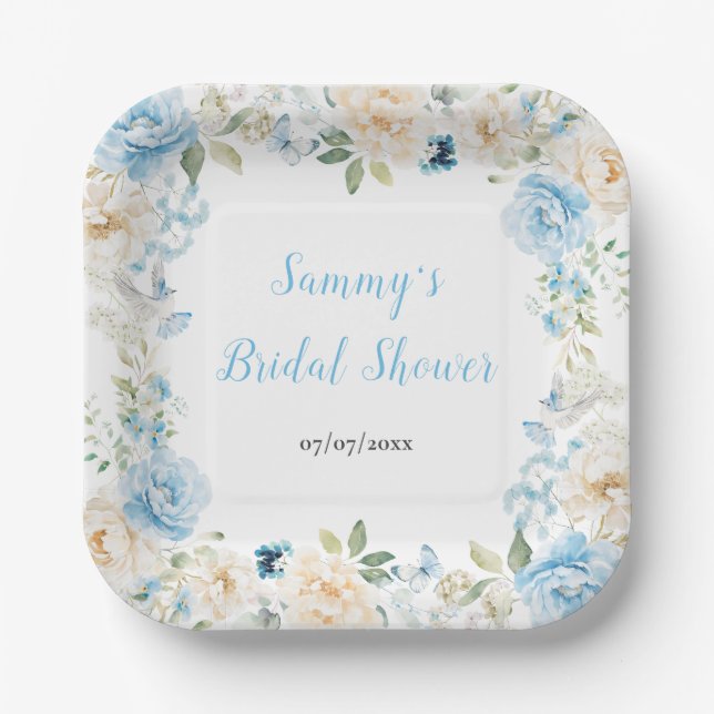 Blue and White Peony Flowers Bridal Shower Paper Plates (Front)