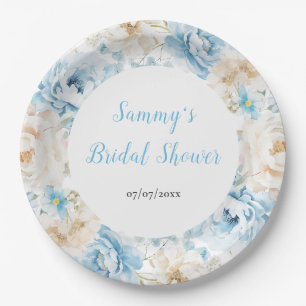 Blue and White Peony Flowers Bridal Shower Paper Plates