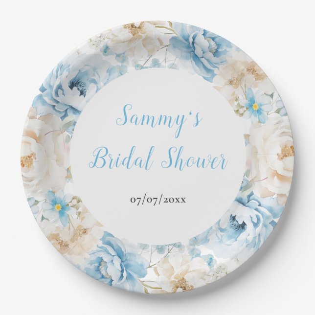 Blue and White Peony Flowers Bridal Shower Paper Plates (Front)