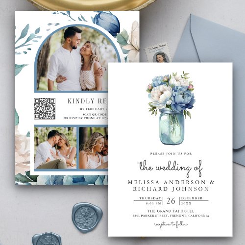 Blue and White Peony Mason Jar QR Code Wedding Invitation