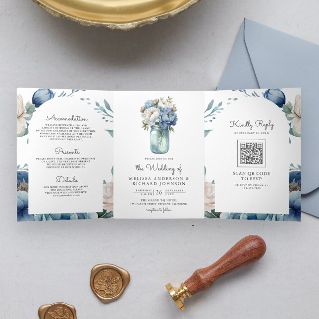 Blue and White Peony Mason Jar QR Code Wedding Tri-Fold Invitation (Creator Uploaded)
