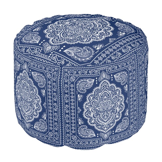 Blue and White Persian Floral Rug Pouf (Angled Front)