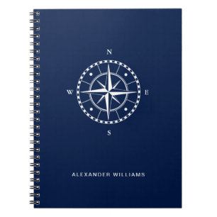 Blue and White Personalizable  Nautical Compass Notebook