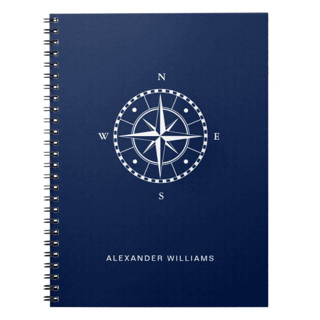 Blue and White Personalizable  Nautical Compass Notebook (Front)