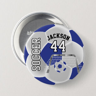 Blue and White Personalize Soccer Ball Button