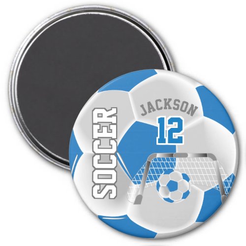 Blue and White Personalize Soccer Ball Magnet