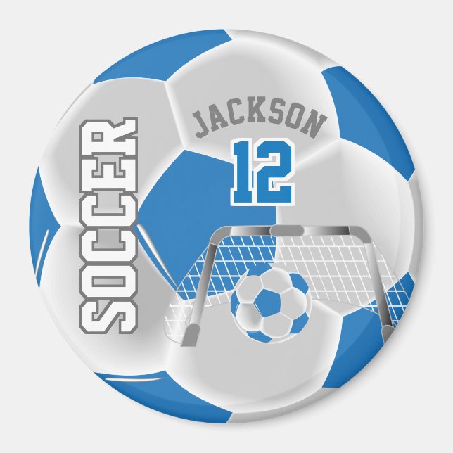 Blue and White Personalize Soccer Ball Magnet (Front)
