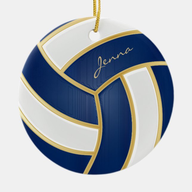 Blue and White Personalize Volleyball Ceramic Ornament (Front)