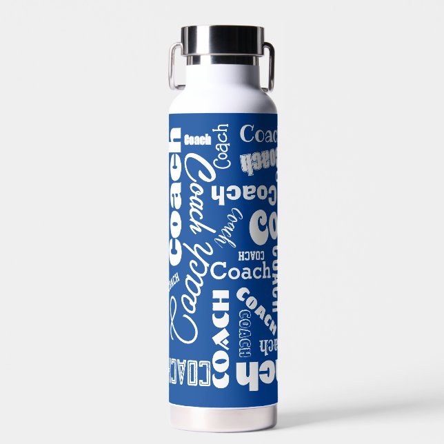 Blue and White Personalized Coach Gift Name Art Water Bottle (Front)