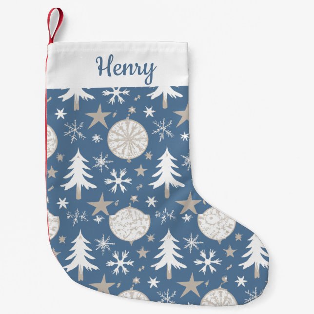 Blue And White Personalized Cute Pattern Snowflake Small Christmas Stocking (Front)